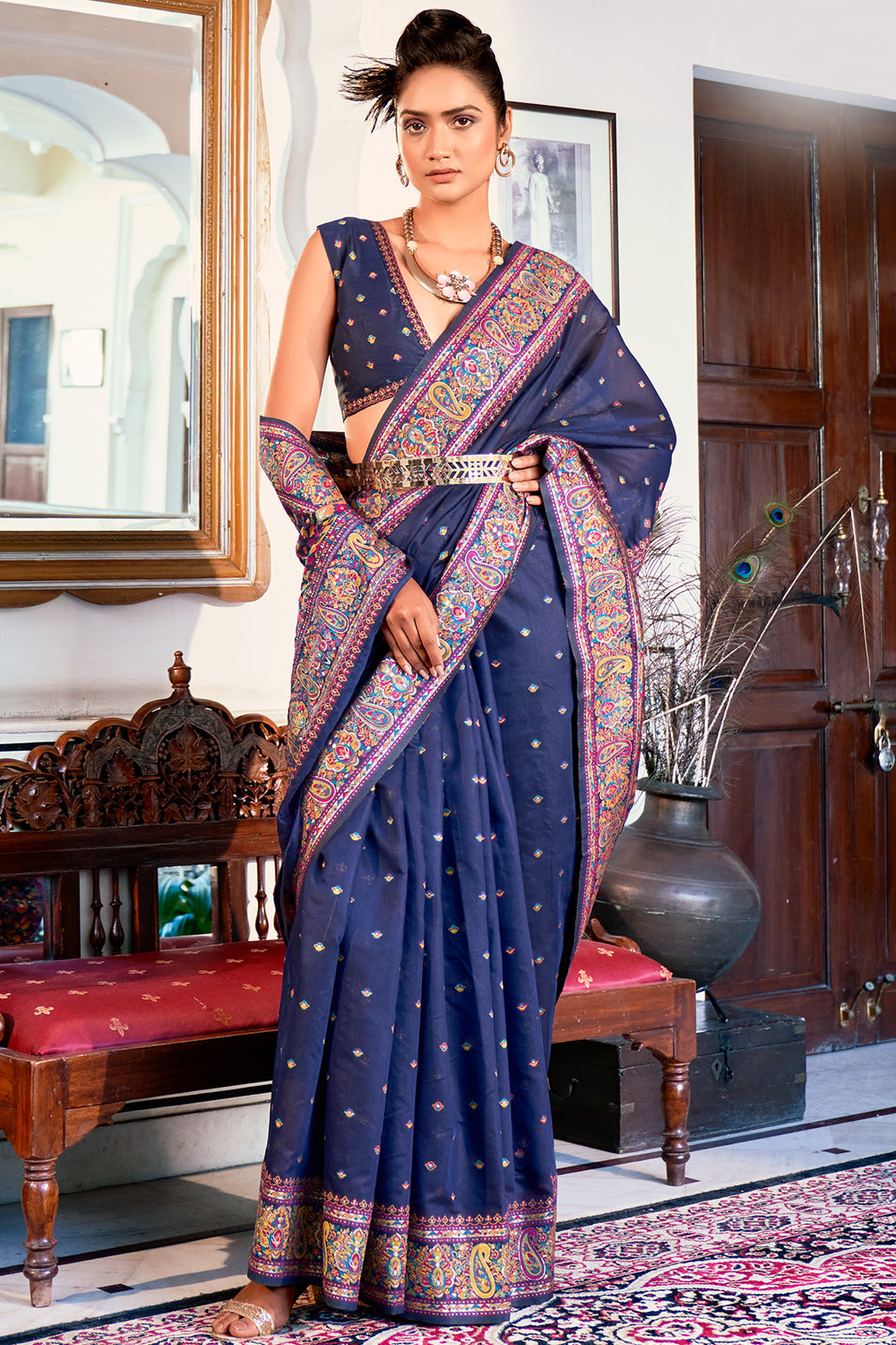 Dhiyona GR Women's Zoya Denim Navy Blue Pashmina Modal Silk Saree