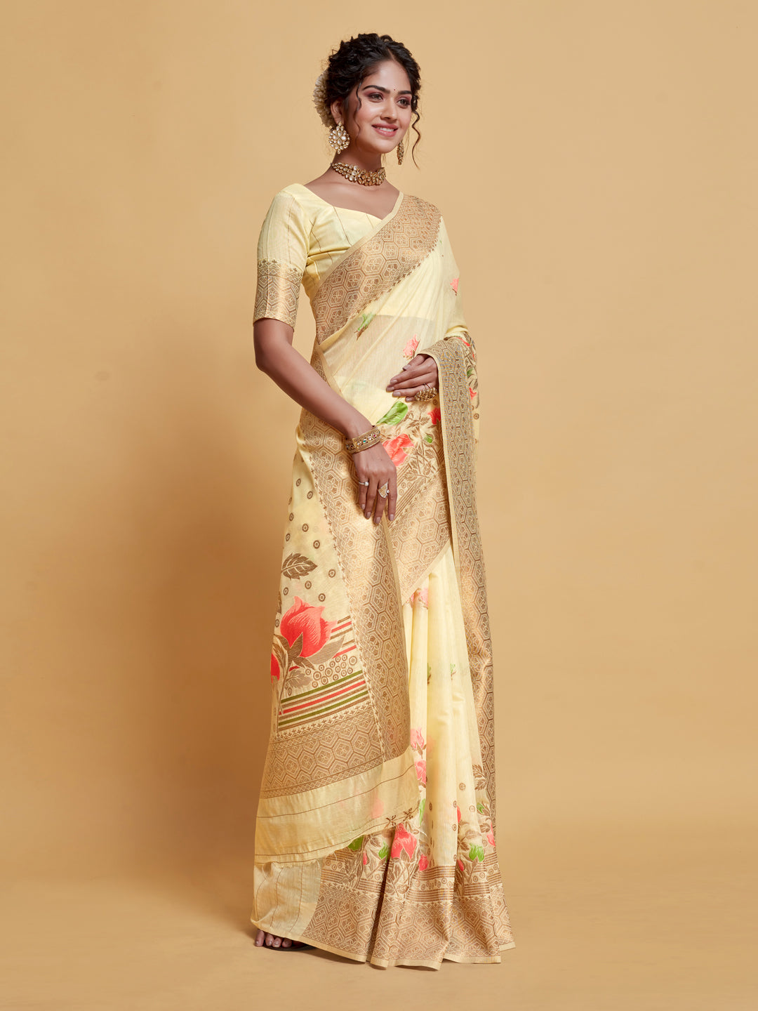 Dhiyona GR Women's Gulabo Cream White Woven Jamewar Kashmiri Modal Silk Saree