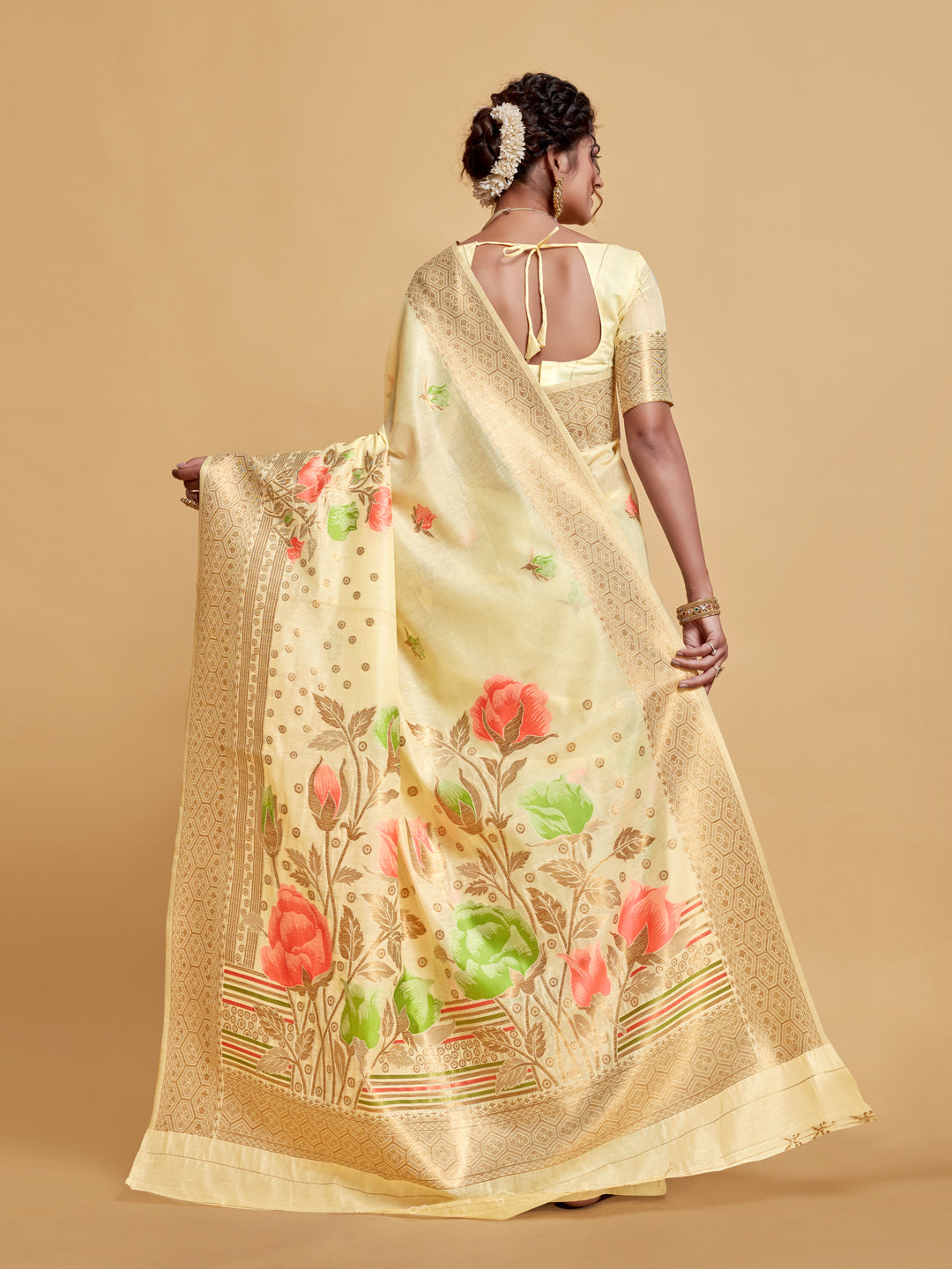 Dhiyona GR Women's Gulabo Cream White Woven Jamewar Kashmiri Modal Silk Saree