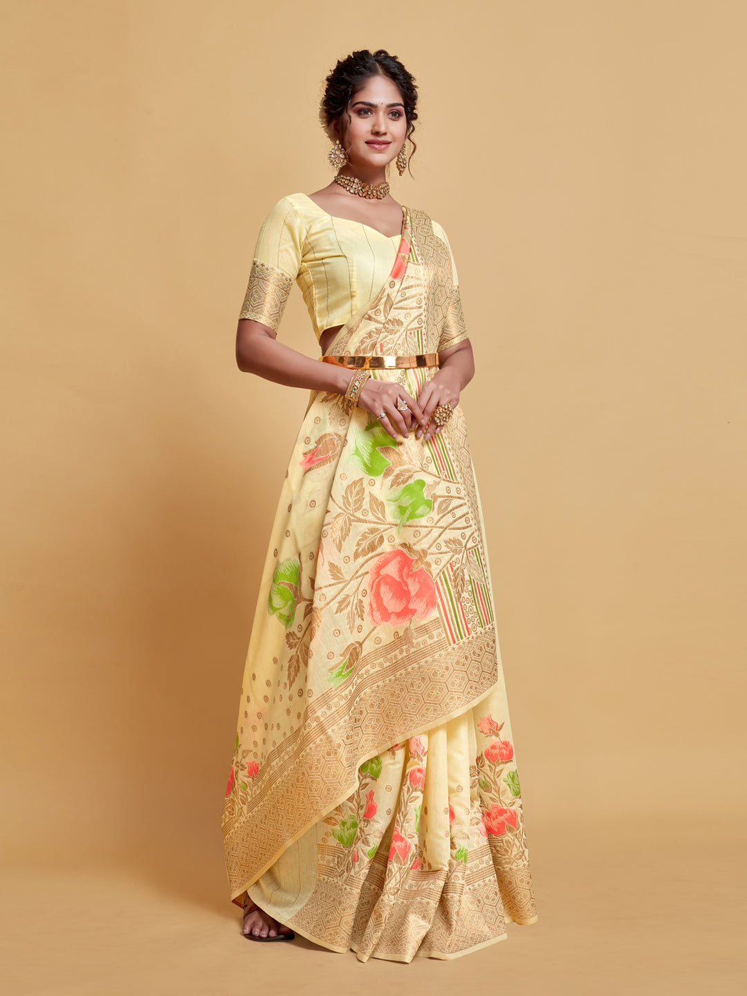 Dhiyona GR Women's Gulabo Cream White Woven Jamewar Kashmiri Modal Silk Saree