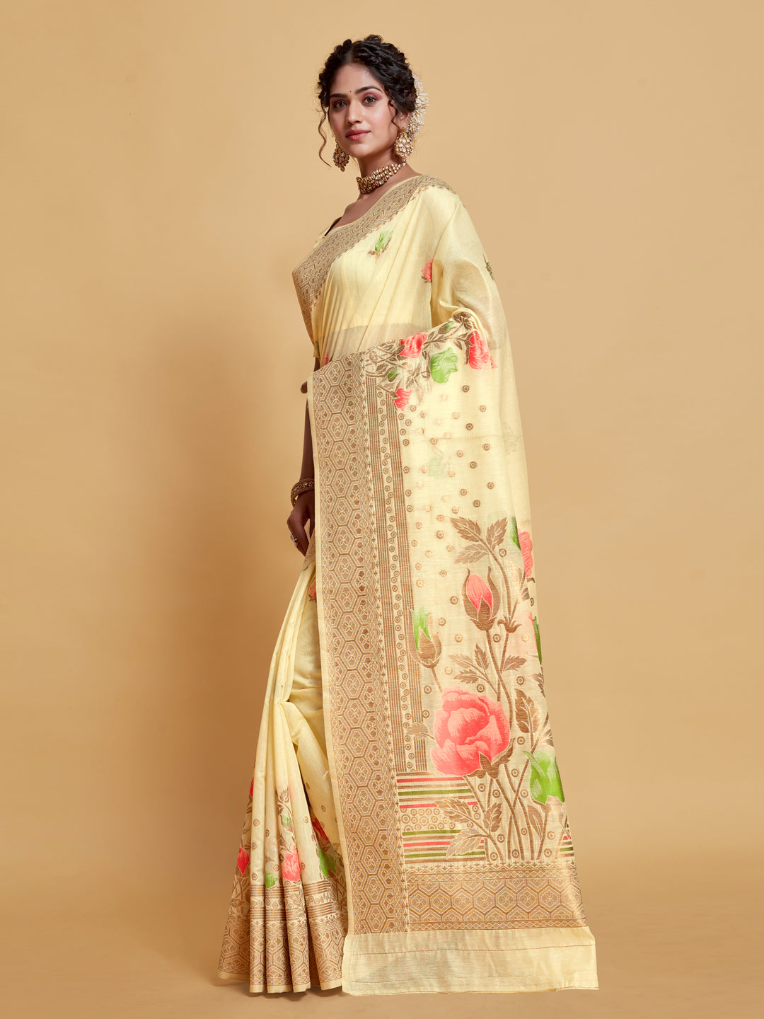 Dhiyona GR Women's Gulabo Cream White Woven Jamewar Kashmiri Modal Silk Saree