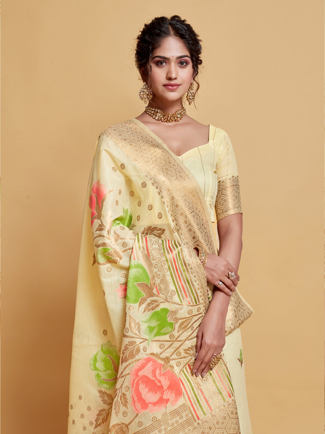 Dhiyona GR Women's Gulabo Cream White Woven Jamewar Kashmiri Modal Silk Saree