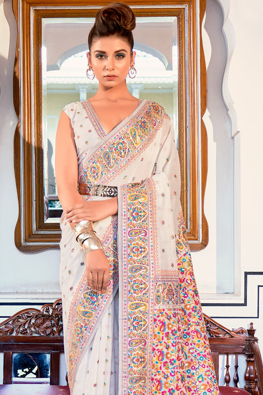 Dhiyona GR Women's Zoya Rice White Pashmina Modal Silk Saree