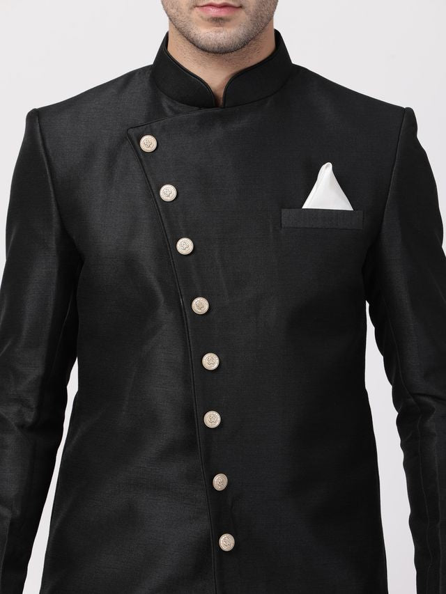 Men's Black Silk Blend Straight Sherwani Set