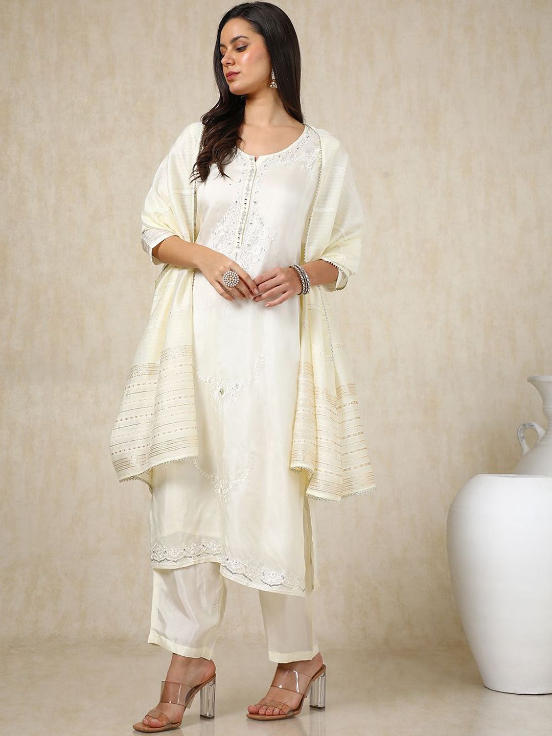 Dhiyona SO Women's Off White Floral Embroidered Round Neck Mirror Work Kurta With Trousers & Dupatta