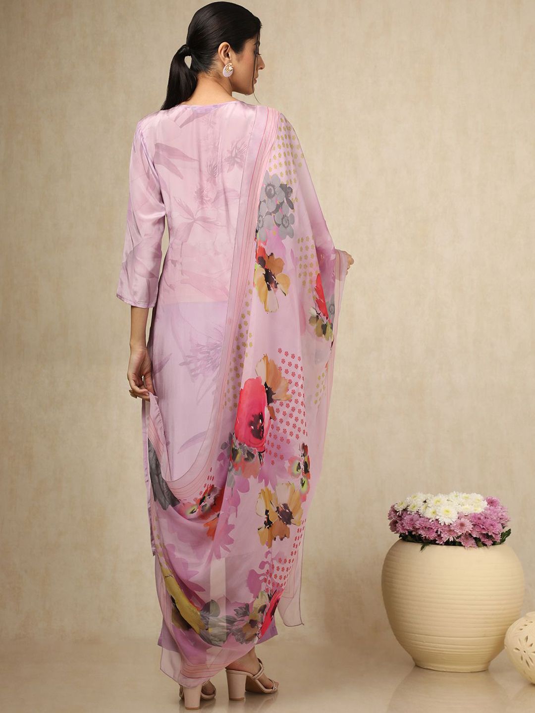 Dhiyona SO Women's Floral Printed V Neck Thread Work Silk Crepe Kurta With Trousers & Dupatta