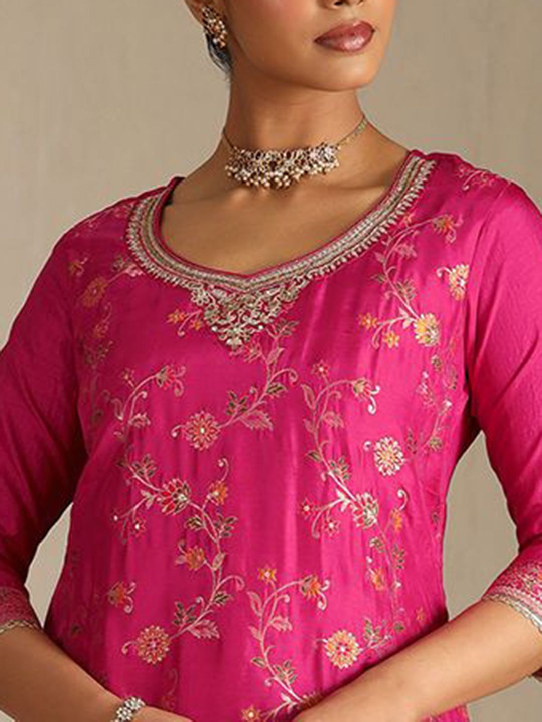 Dhiyona SO Women's Floral Printed Beads & Stones Brocade Weave Round Neck Kurta With Palazzos & Dupatta
