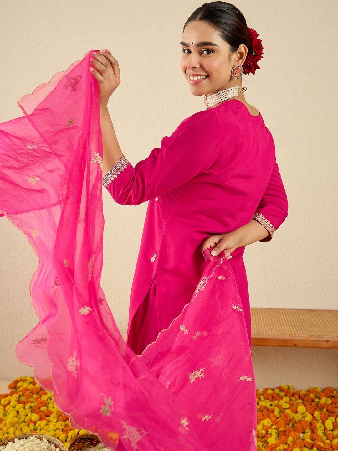 Ethnic Motifs Embroidered Round Neck Thread Work Kurta With Trousers & Dupatta