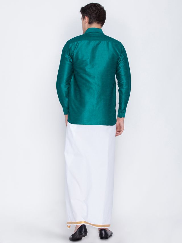 Men's Green Silk Blend Straight Shirt And Mundu