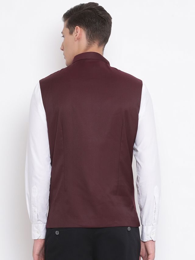 Men's Maroon Cotton Silk Straight Nehru Jacket