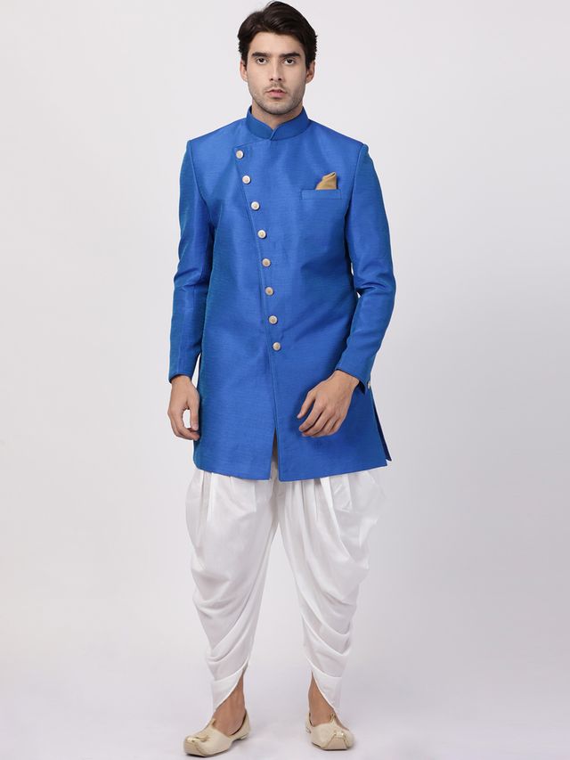 Men's Blue Silk Blend Straight Sherwani Set