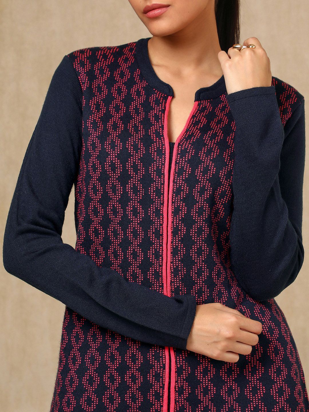 Dhiyona SO Women's Navy Blue Geometric Woven Design Mandarin Collar Acrylic Straight Kurta With Trouser