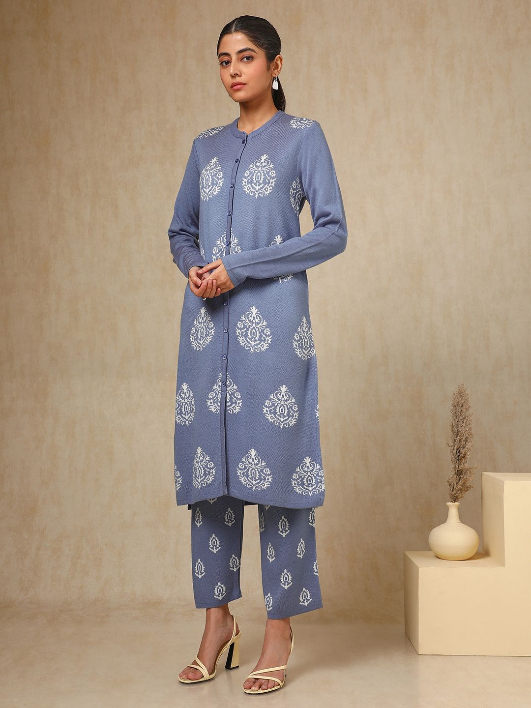 Dhiyona SO Women's Blue Ethnic Motifs Woven Design Acrylic Straight Kurta With Trouser