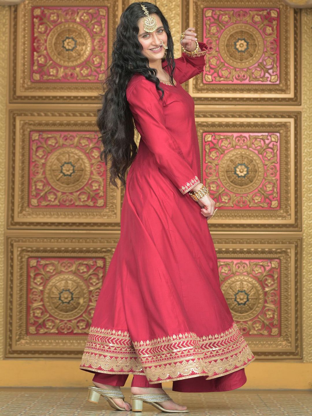 Dhiyona IE Ethnic Motifs Embroidered Liva Anarkali Kurta With Trousers & Dupatta