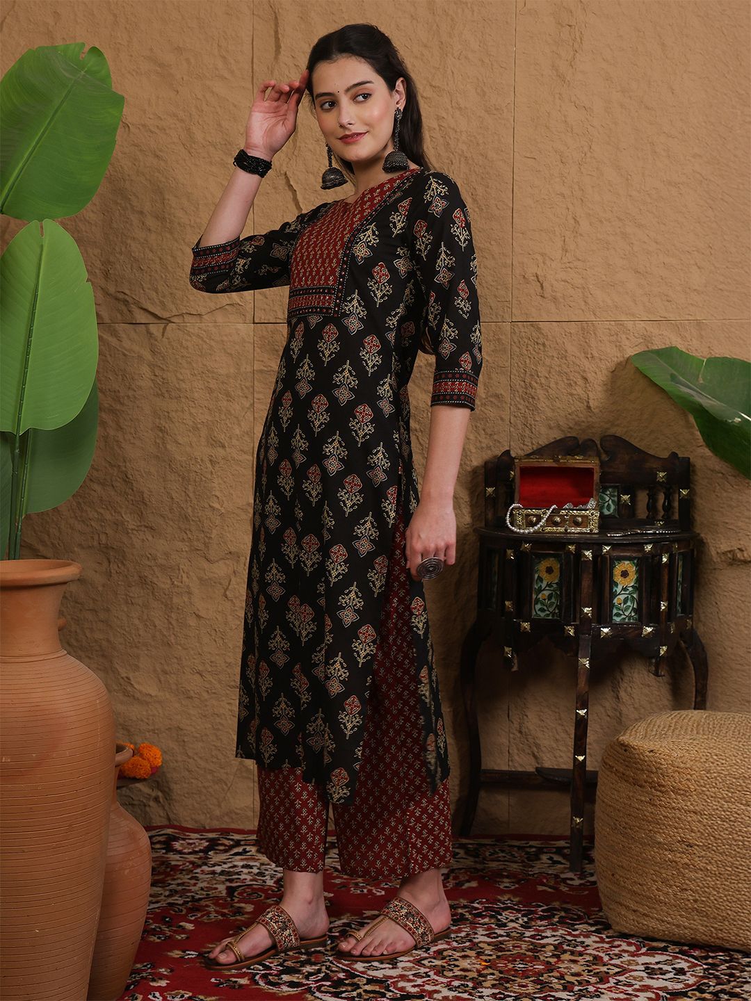 Dhiyona SN Women's Ethnic Motifs Printed Sequinned Pure Cotton Kurta Set With Dupatta