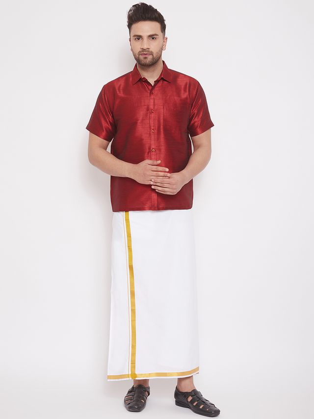 Men's Maroon Silk Blend Straight Ethnic Shirt