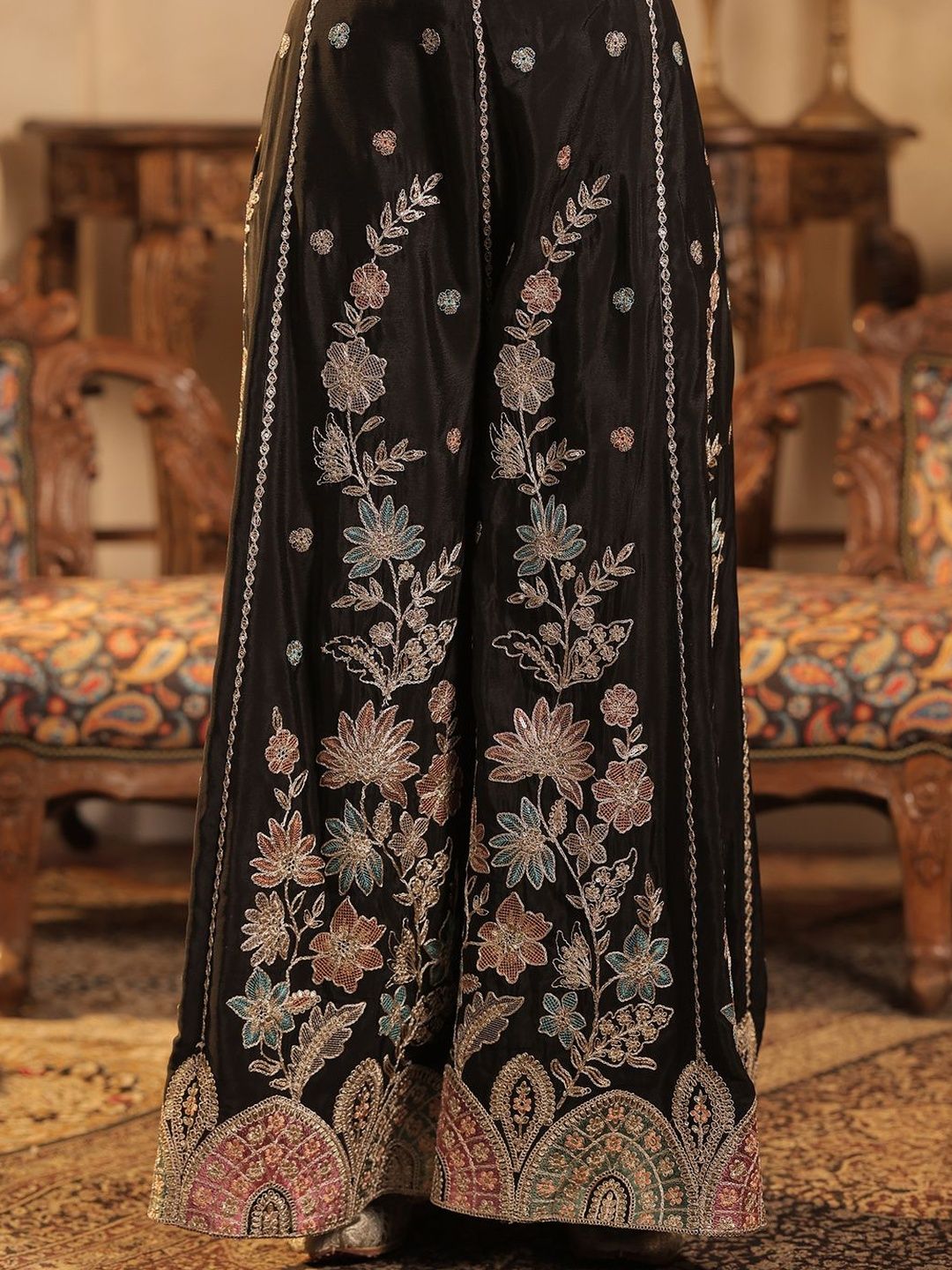 Women Paisley Embroidered Regular Sequinned Straight Kurta with Palazzos &Dupatta
