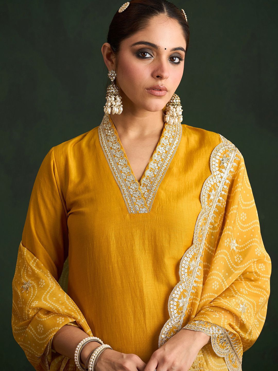 Dhiyona IE Mustard Yellow Floral Embroidered V-Neck Straight Kurta with Trousers & Dupatta