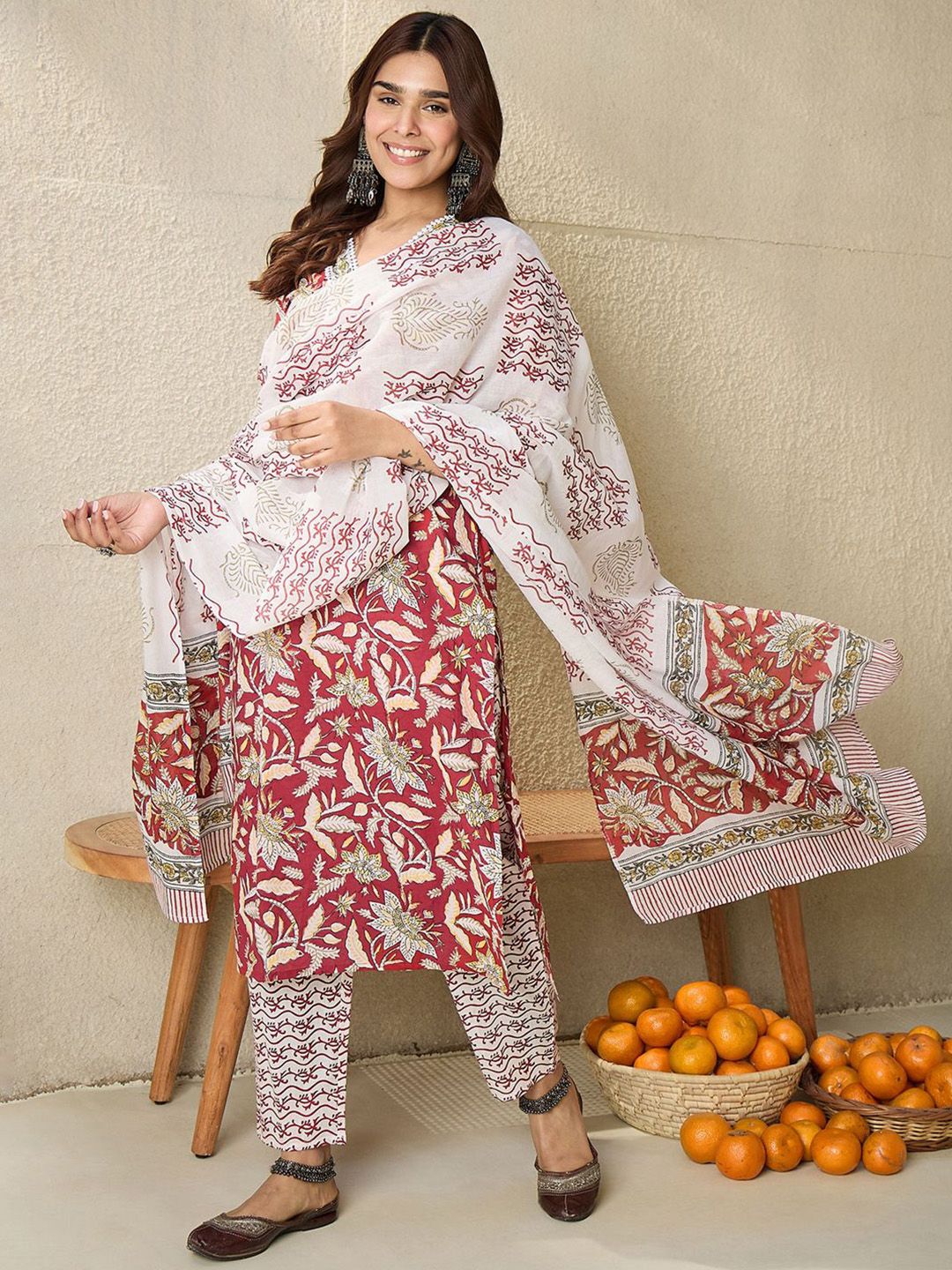 Dhiyona IE Floral Printed V-Neck Pure Cotton Straight Kurta With Trousers And Dupatta