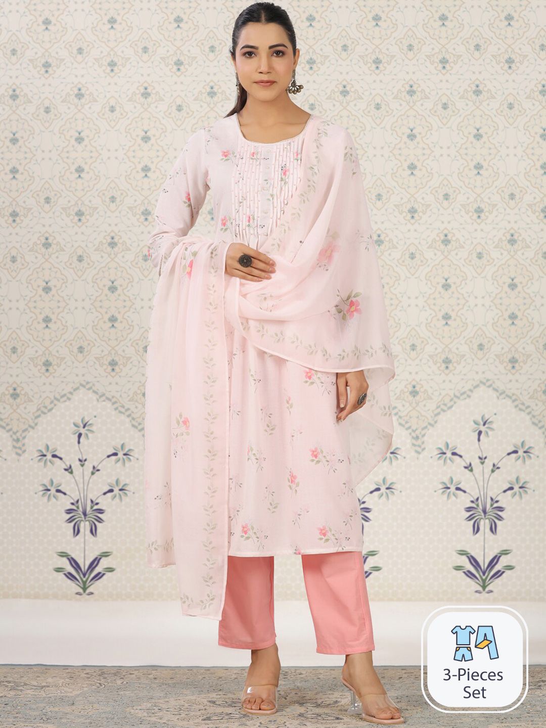 Dhiyona OD Floral Printed Pleated Kurta & Trousers With Dupatta