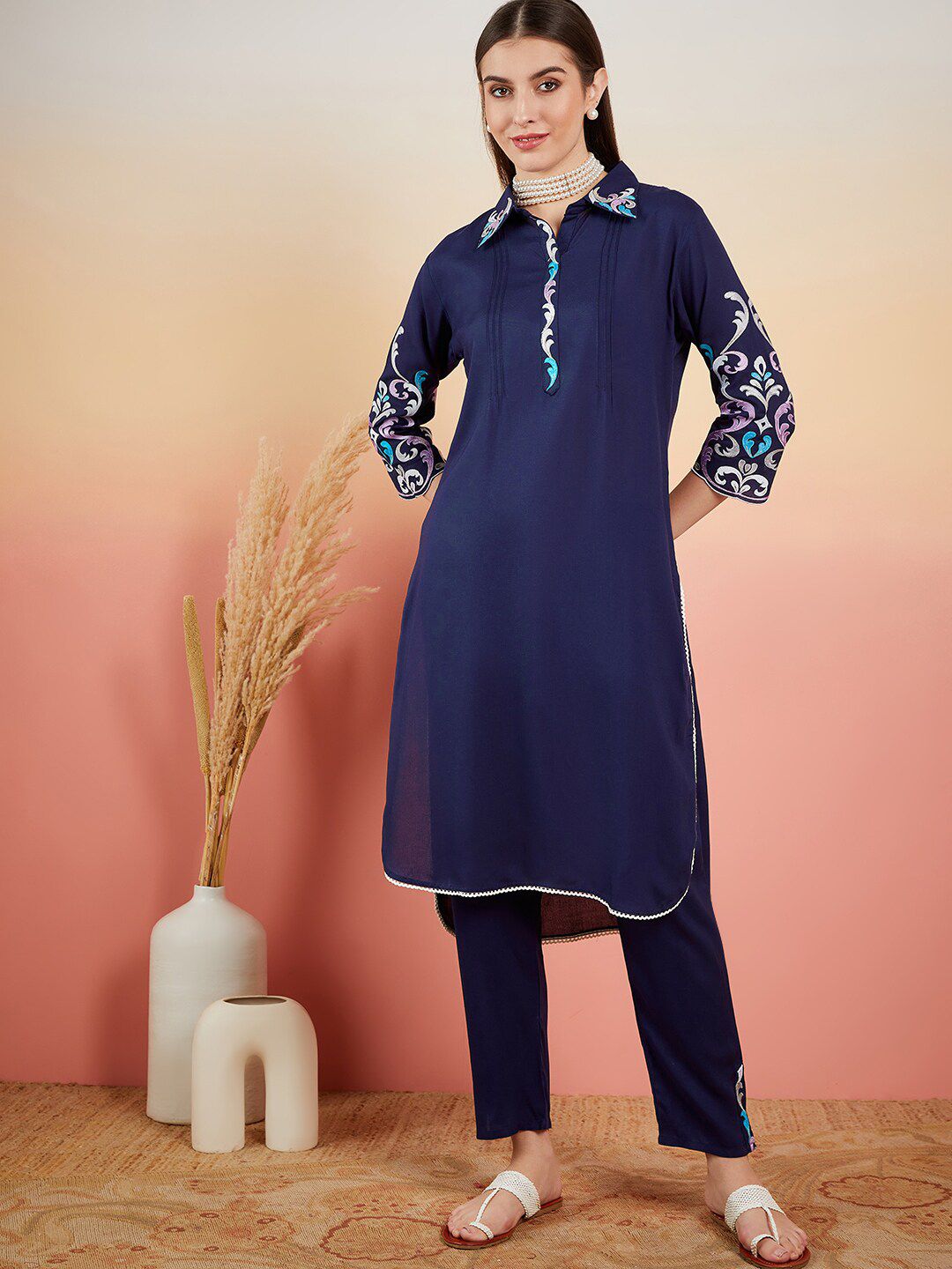 Dhiyona SN Women's Navy Blue Floral Embroidered Shirt Collar Straight Kurta & Trousers