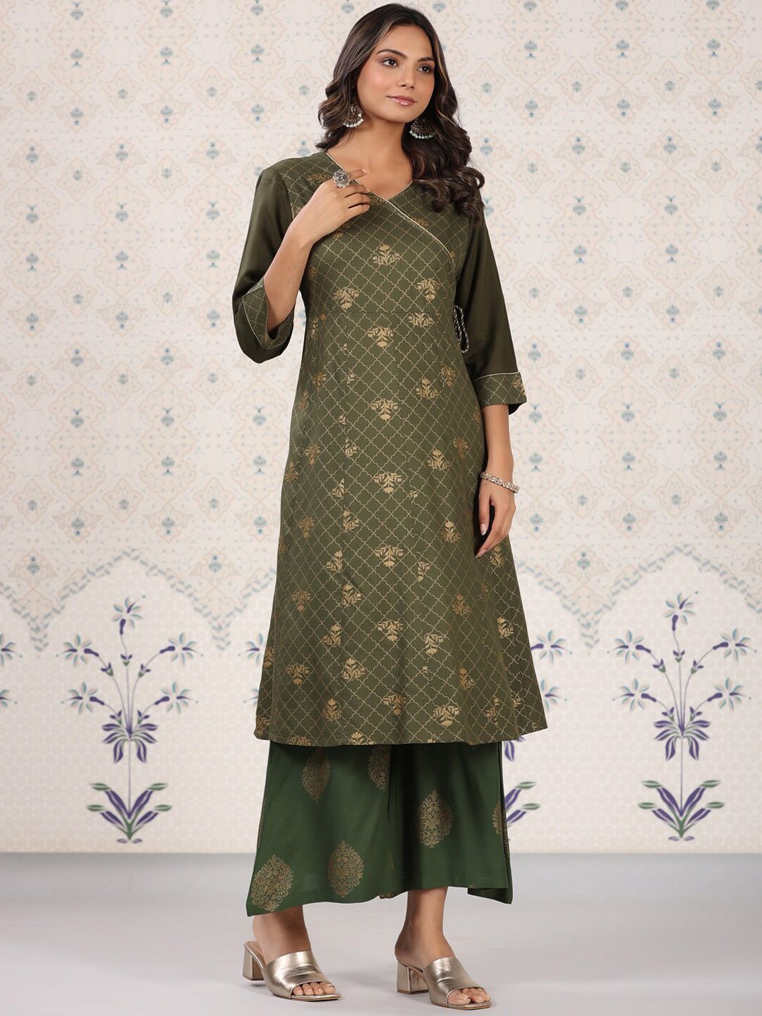 Dhiyona OD Olive Green & Gold Printed V Neck Angrakha Kurta With Palazzos