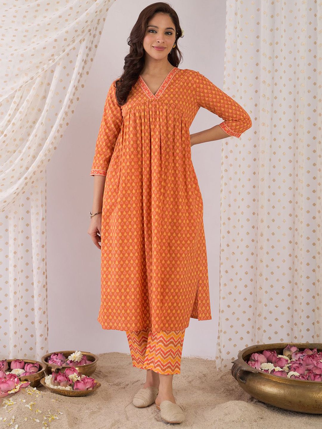 Floral Printed Empire Pure Cotton A-Line Kurta With Trousers