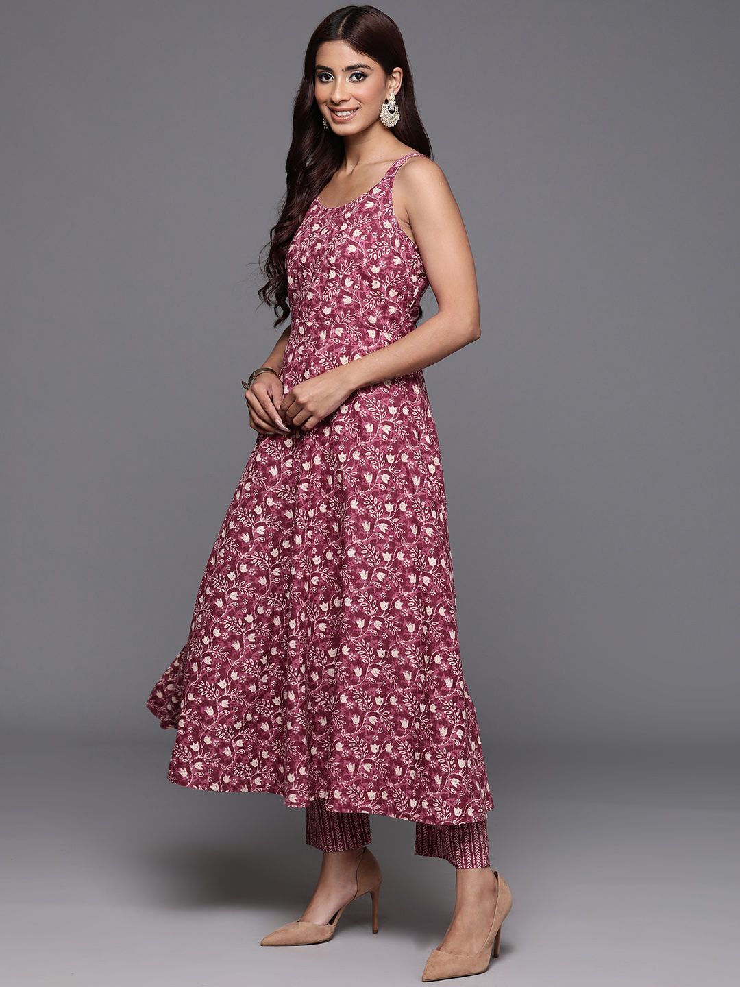 Dhiyona VA Women'sFloral Printed Pure Cotton Anarkali Kurta with Trousers & Dupatta