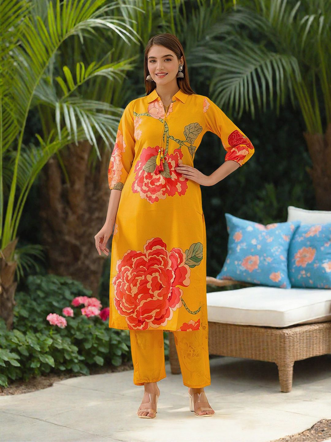 Dhiyona IS Women's Floral Printed Regular Cotton Kurta with Palazzos