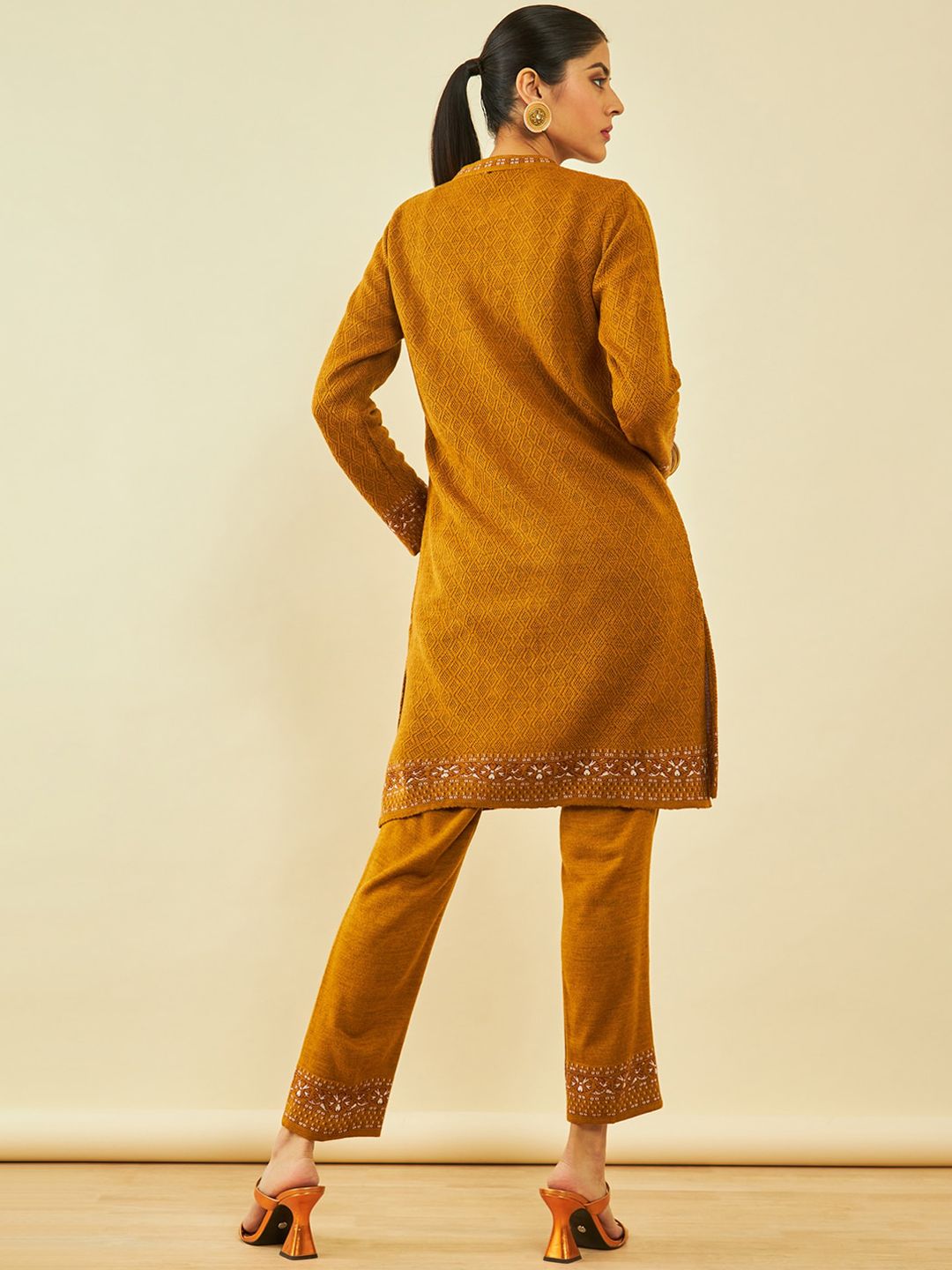 Dhiyona SO Women's Mustard Yellow Self Design Regular Straight Kurta with Trousers