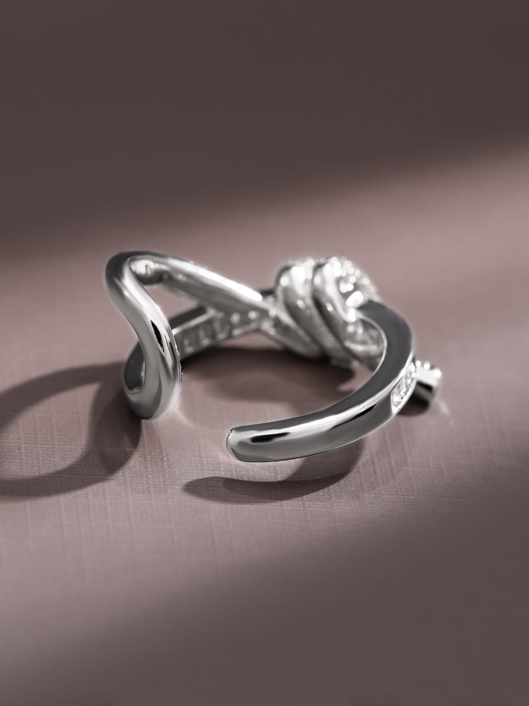 Dhiyona RJ Women's Rhodium Plated Baguette & Pave Cubic Zirconia Studded Knot Design Openable Ring