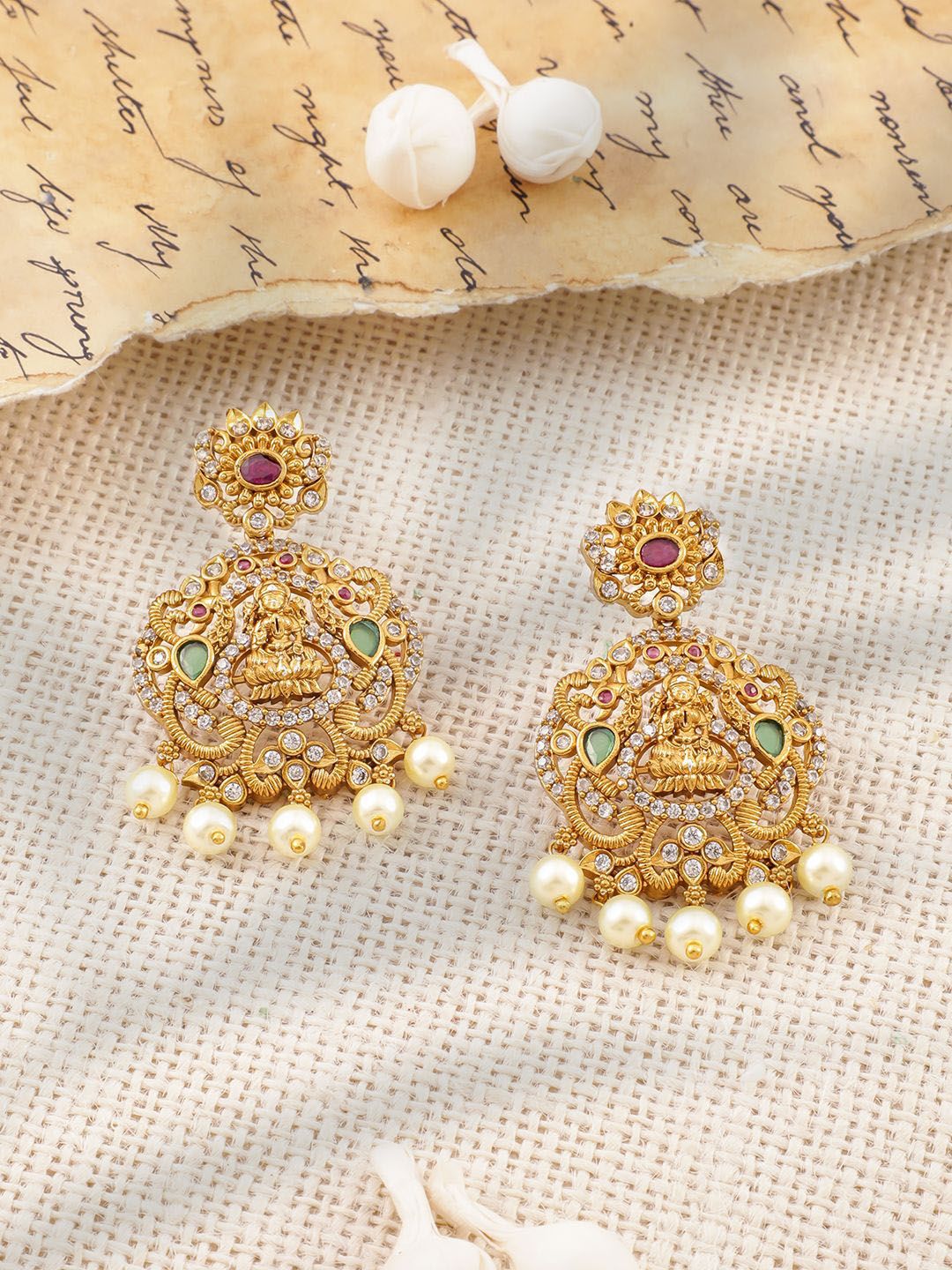 Dhiyona RJ Women's 22K Gold-Plated Ruby & Emerald CZ Studded Divine Lakshmi Temple Jewellery Set