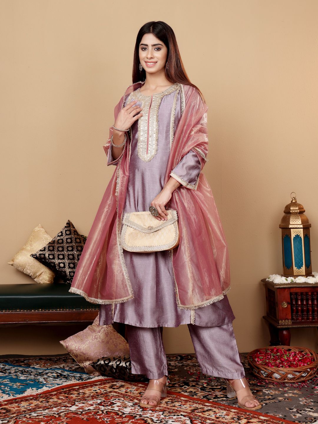 Dhiyona VA Women'sLavender Embroidered Yoke Design Notch Neck Anarkali Kurta with Trousers & Dupatta