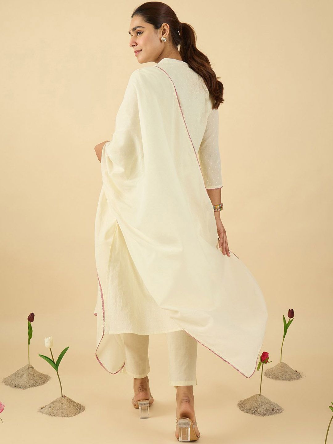 Dhiyona IE Floral Embroidered Mandarin Collar A Line Pure Cotton Kurta With Trouser &Dupatta