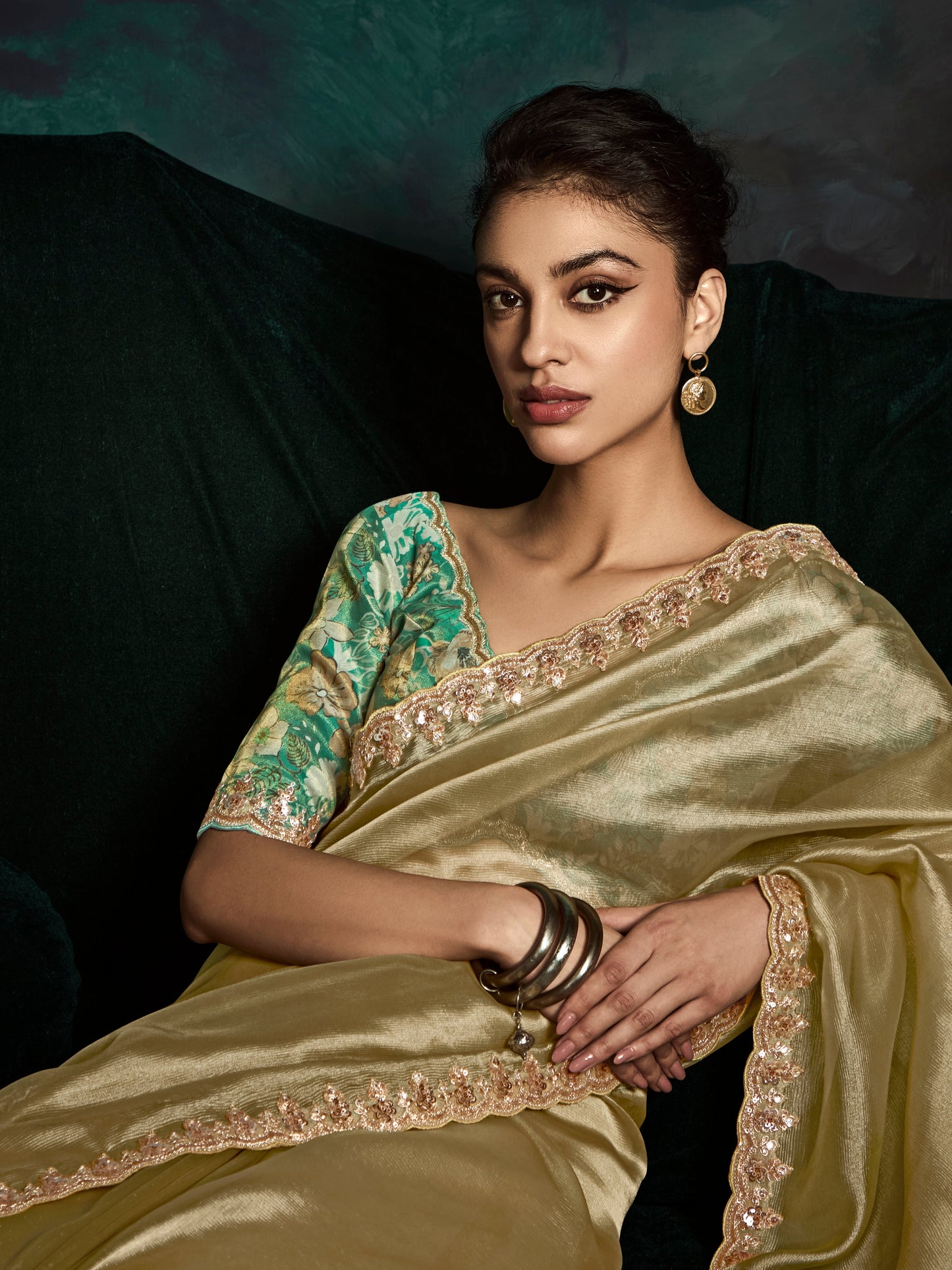 Dhiyona KM Women Designer Golden Fancy Saree With Thread Embroidery