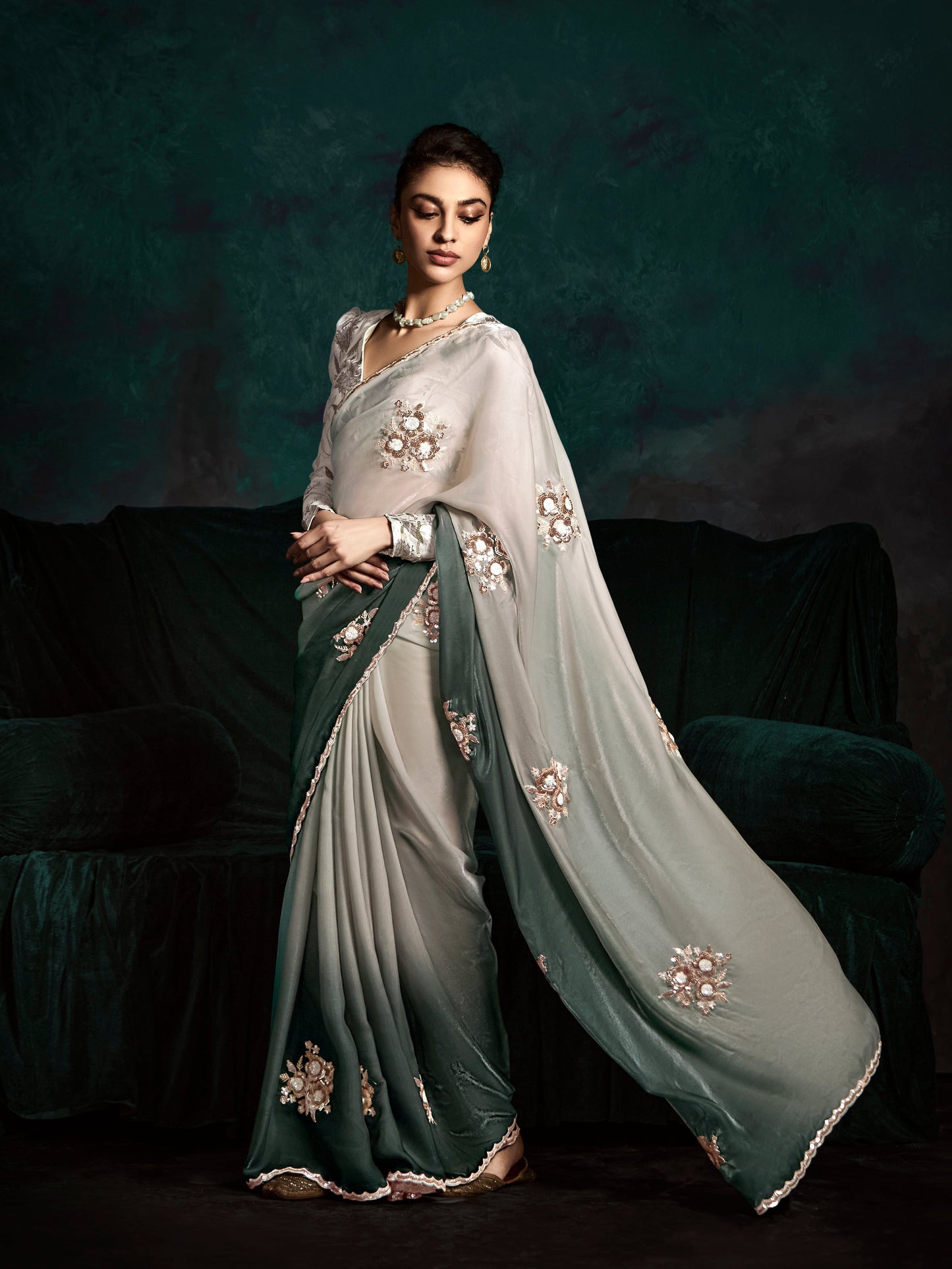 Dhiyona KM Women Elegant Double Shade Green & White Organza Saree With White Printed Silk Blouse
