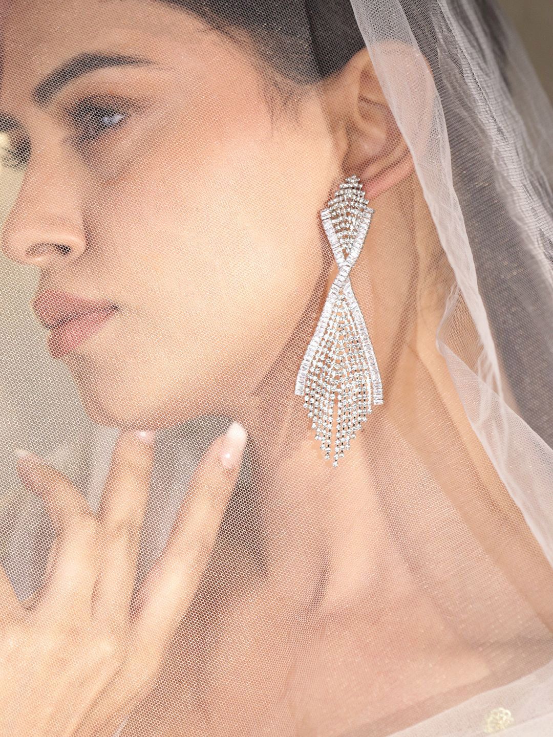 Dhiyona RJ Women's Rhodium-Plated Brass Crystal Studded Classic Drop Earrings