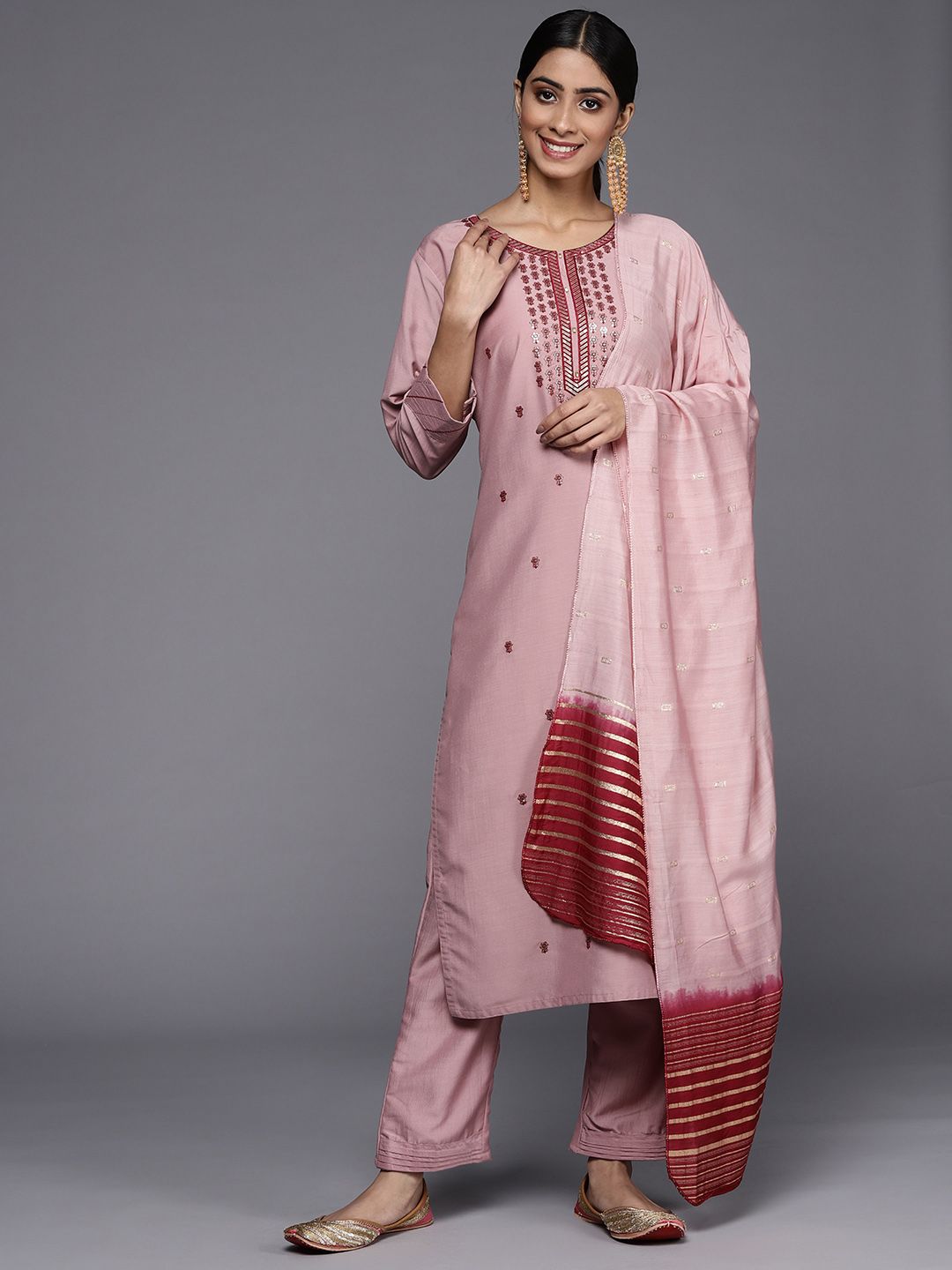 Dhiyona VA Women's Pink Ethnic Motifs Embroidered Sequinned Kurta with Trousers & With Dupatta