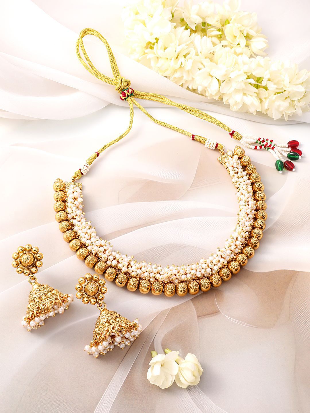 Dhiyona RJ Women's 22K Gold-Plated White Pearls & Golden Beads Studded Beaded Traditional Jewellery Se