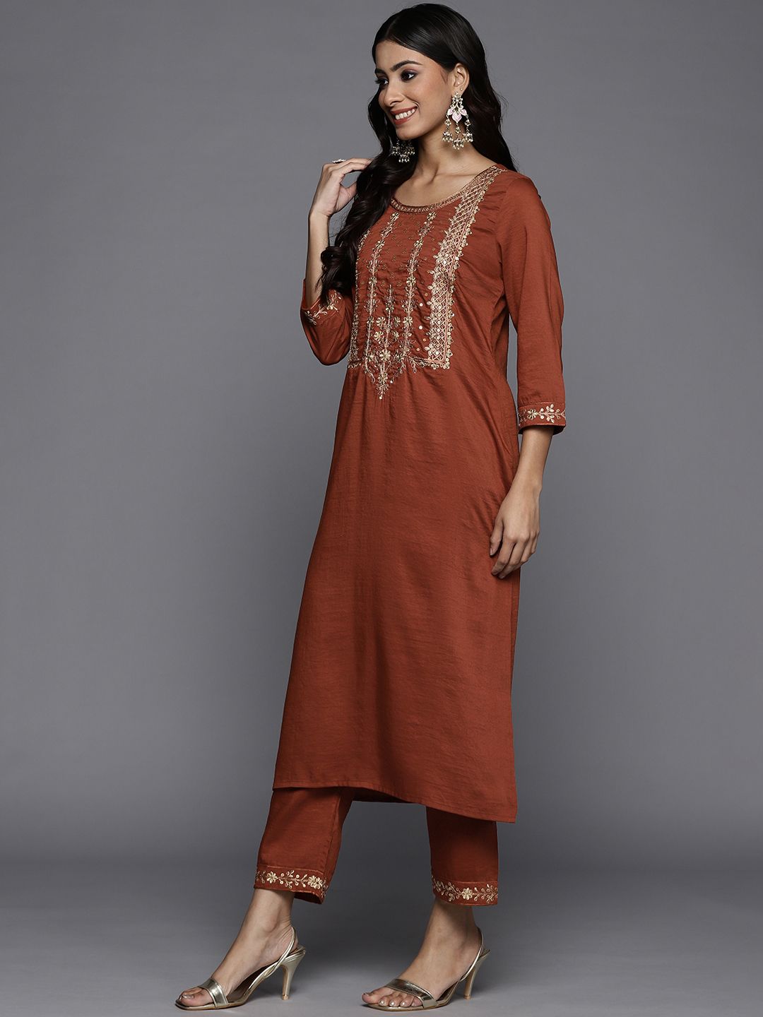 Dhiyona VA Women's Rust Orange Yoke Design Sequinned Kurta with Trousers & Dupatta