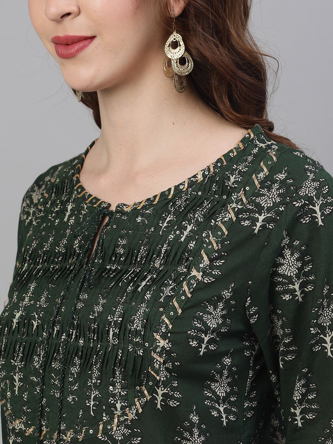 Dhiyona IS Women's Women Olive Green Beige Printed Tuck Detailed Kurta Palazzos
