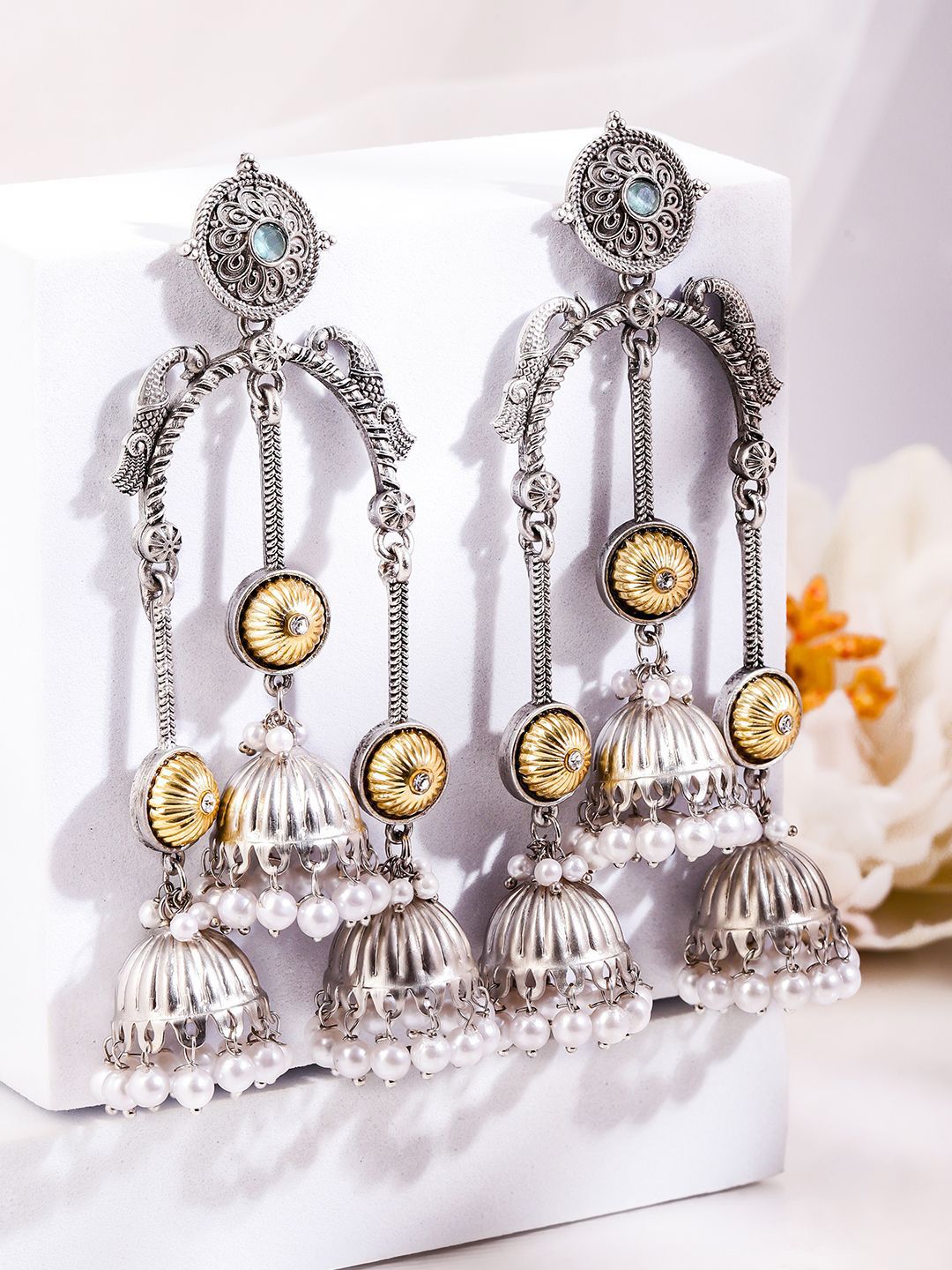 Dhiyona RJ Women's Silver Plated Pearls Beaded Floral Triple Layer Long Oxidised Jhumkas