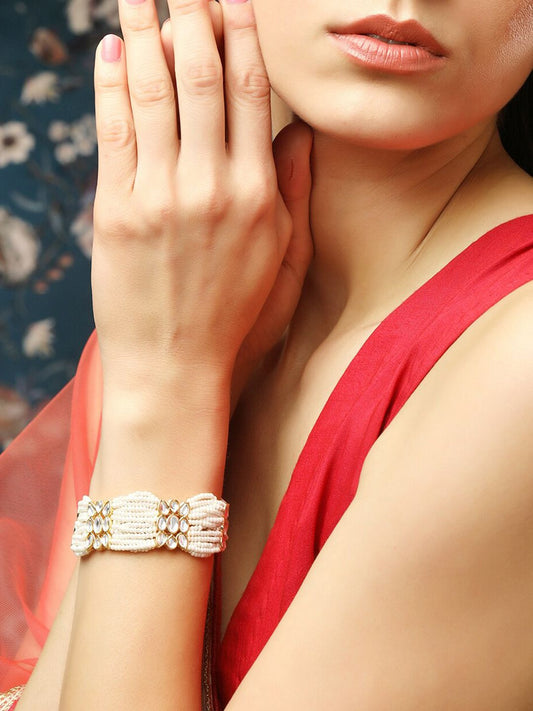 Dhiyona RJ Women's Women Brass Kundan Studded Pearl Beaded Gold-Plated Multistrand Bracelet