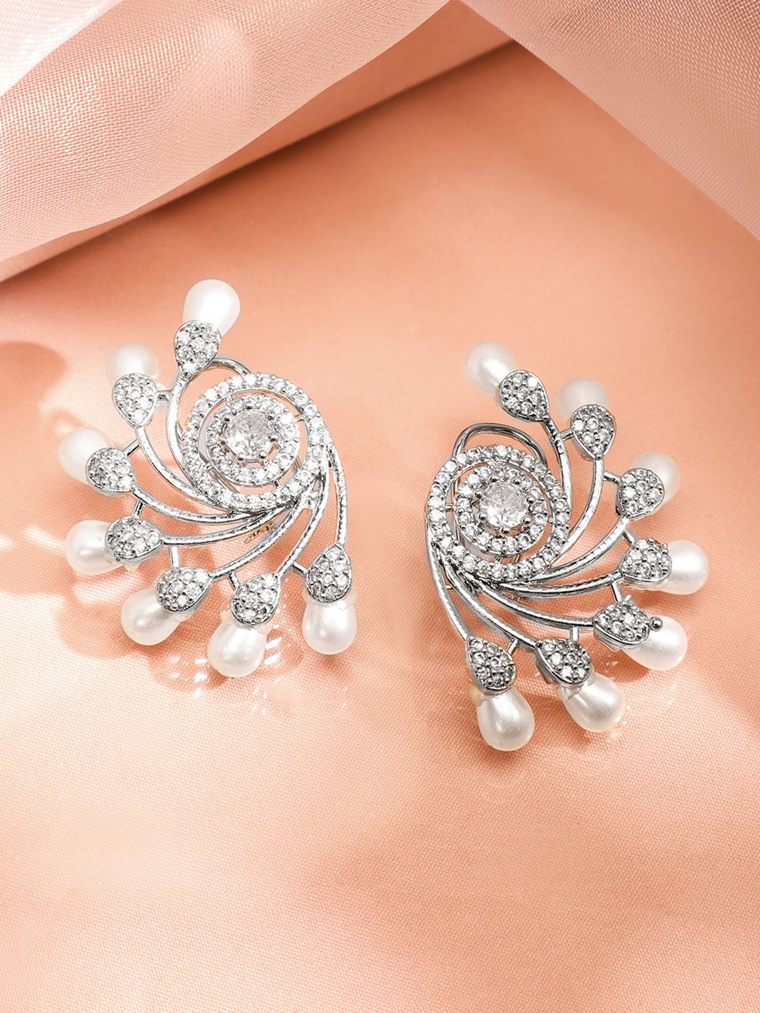Dhiyona RJ Women's Silver-Plated Pearls & Cubic Zirconia Studded Oversized Premium Floral Stud Earring