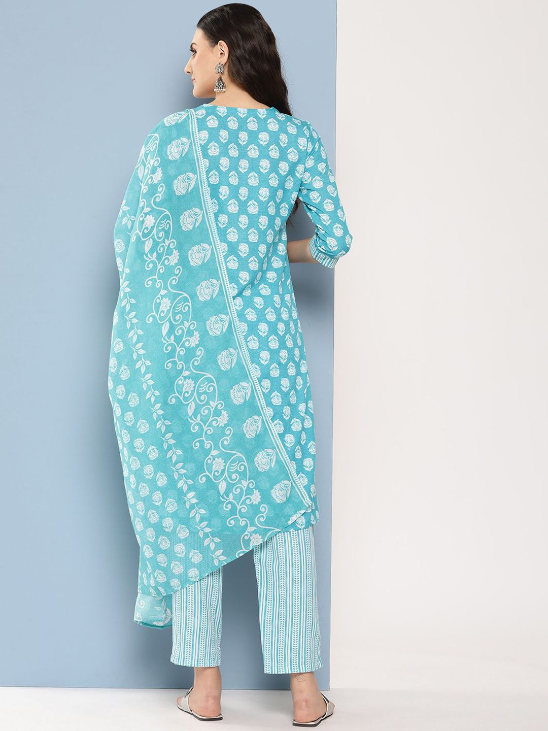 Dhiyona IE Floral Printed Sequinned Pure Cotton Straight Kurta With Trousers & Dupatta