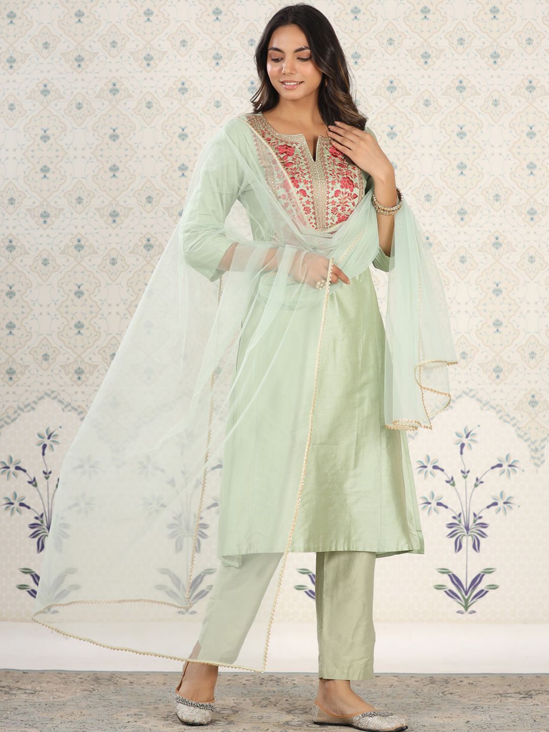 Dhiyona OD Embroidered Gota Patti A-Line Kurta with Trousers and Dupatta