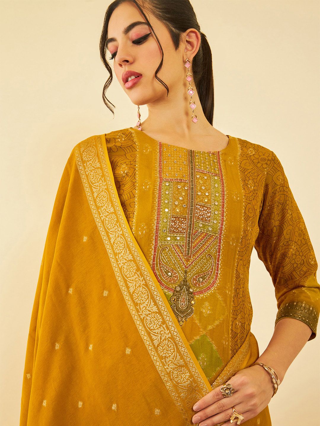 Dhiyona SO Women's Ethnic Motifs Regular Thread Work Kurta With Trousers & Dupatta