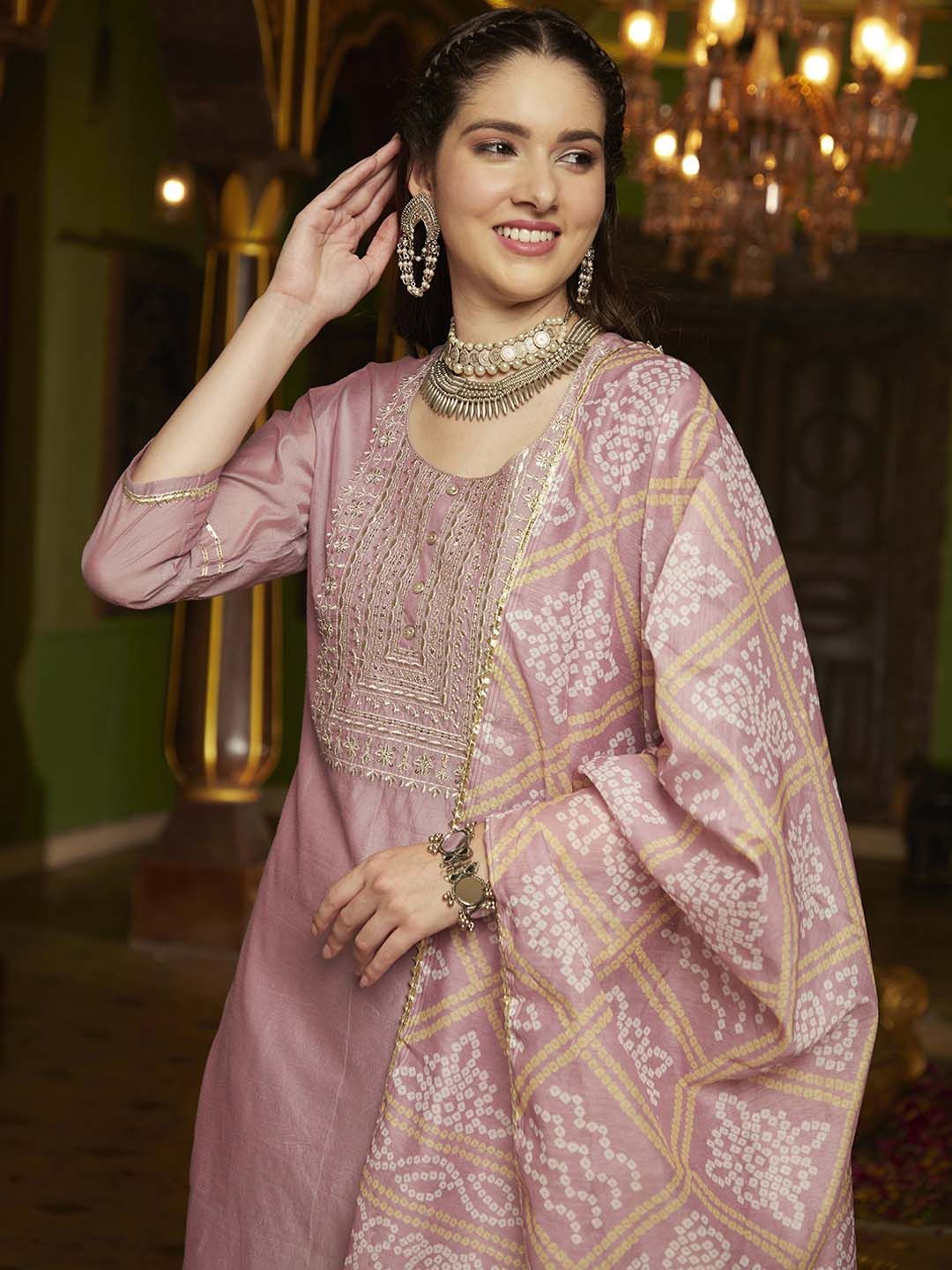 Dhiyona SN Women's Embroidered Straight Kurta With Trouser & Dupatta Set