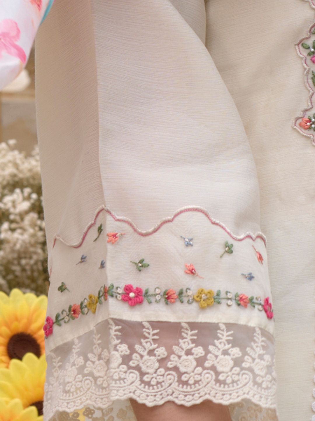 Floral Embroidered Kurta With Trousers & Dupatta