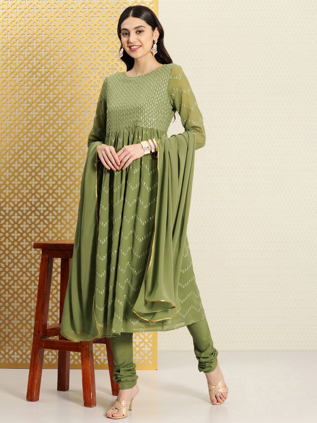 Dhiyona PD Women Jashn Ethnic Motifs Embroidered Sequinned Kurta & Churidar With Dupatta